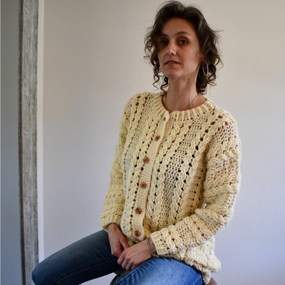 Chunky Buttery Yellow Hand Knit Cardigan, Medium - Picture 1 of 10